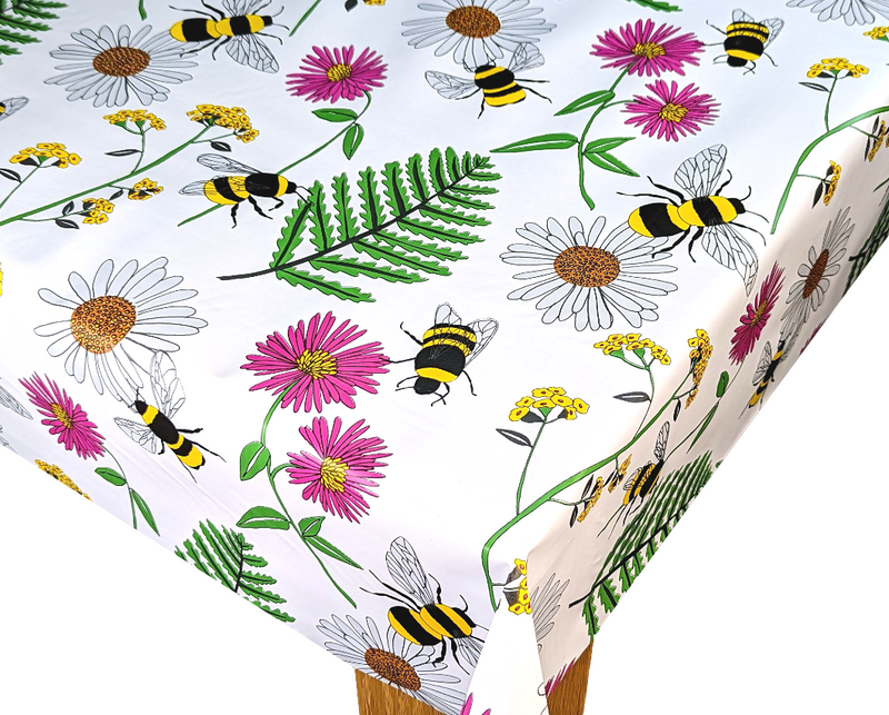 Busy Bee Meadow Bright Parasol Hole Wipe Clean Tablecloth Vinyl PVC Round 138cm