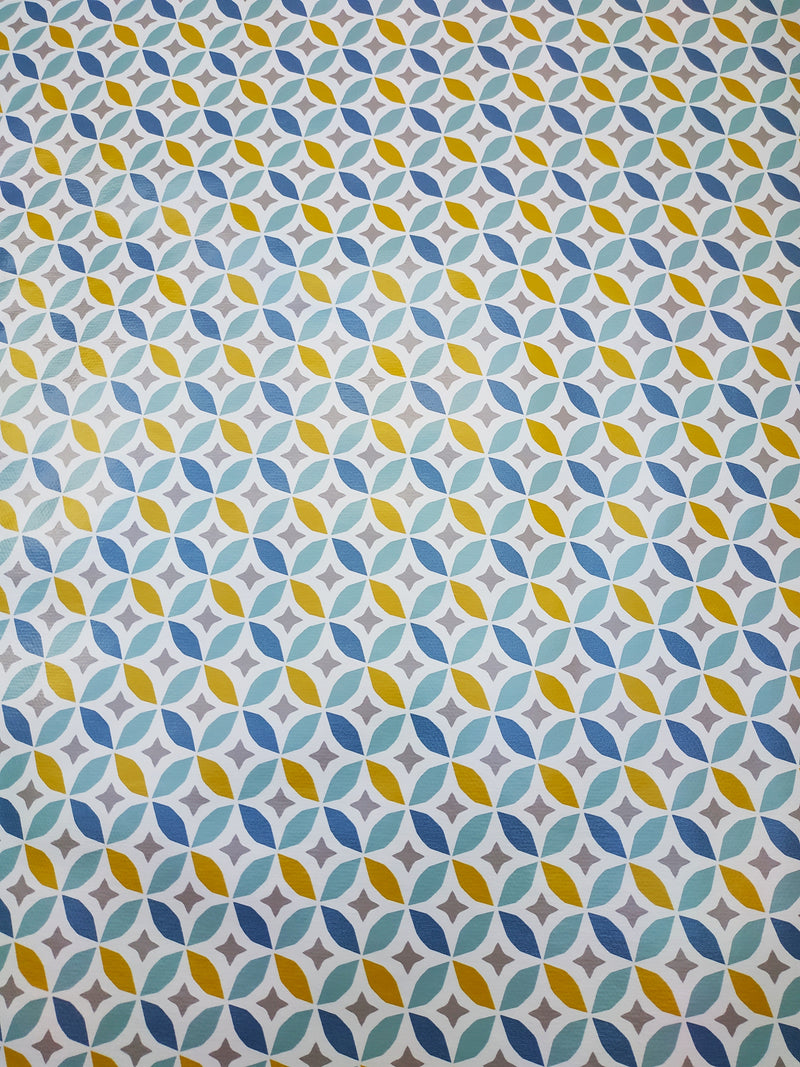Geometric Circles Ochre Duckegg Grey PVC Vinyl Tablecloth 20 Metres x 140cm