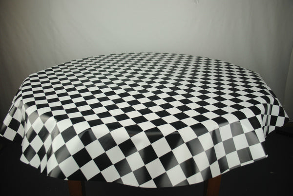 Round Wipe Clean Tablecloth Vinyl PVC 140cm Black White Chef Racing Check