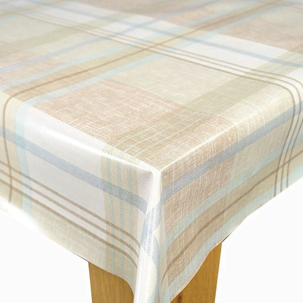 Elgin Check Taupe Duckegg PVC Vinyl Wipe Clean Tablecloth 130cm x 140cm Warehouse Clearance