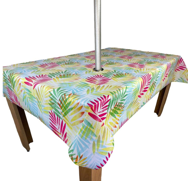 Exotic Palm Leaves Multi Tablecloth with Parasol Hole Wipe Clean Tablecloth Vinyl PVC 140cm x 140cm