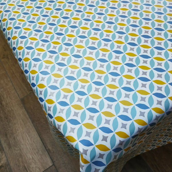 Geometric Circles Ochre Duckegg Grey Vinyl Oilcloth Tablecloth