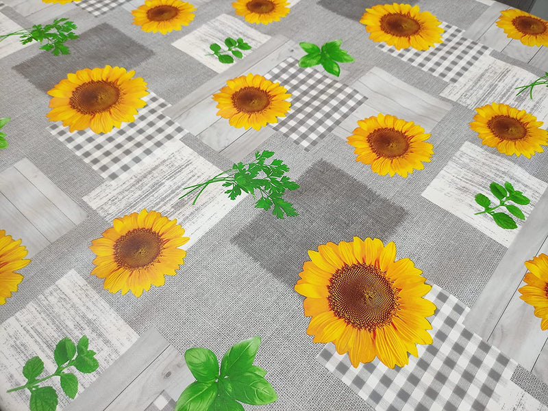 Oval Wipe Clean Tablecloth Vinyl PVC 200cm x 140cm Grey and Yellow Sunflower