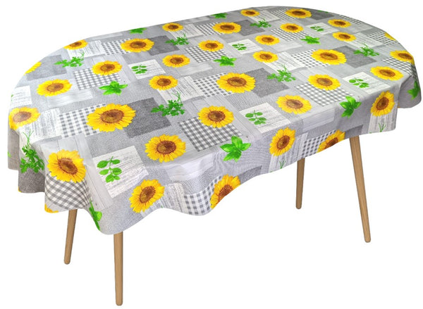 Oval Wipe Clean Tablecloth Vinyl PVC 180cm x 140cm Grey and Yellow Sunflower