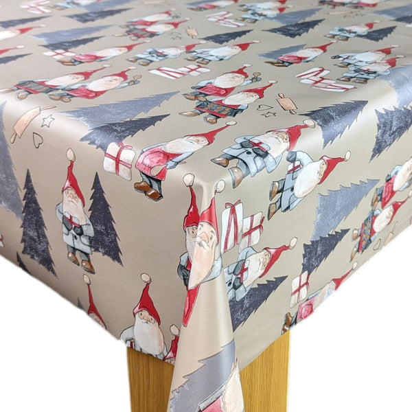 Grumpy Christmas Gnomes Grey and Taupe Vinyl Oilcloth Tablecloth