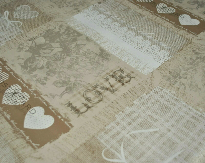 Home Sweet Home Taupe and Beige Vinyl Oilcloth Tablecloth