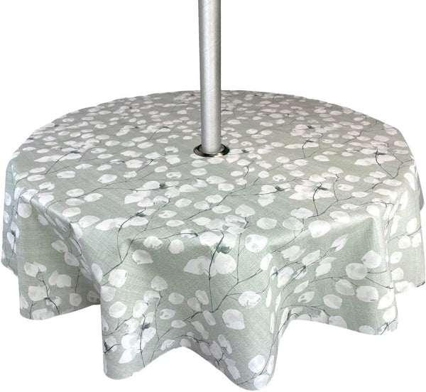 Sage Green Honesty Floral Leaf Tablecloth with Parasol Hole Wipe Clean Tablecloth Vinyl PVC Round 138cm