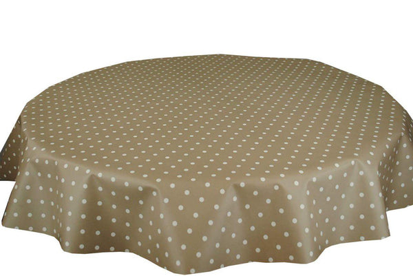 Extra Wide 160cm Round Wipe Clean Tablecloth Vinyl PVC Taupe Polka Dot