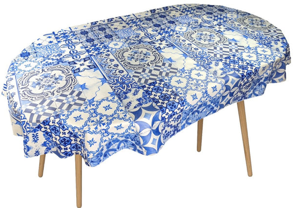 Oval Moroccan Tiles Blue Wipe Clean PVC Vinyl Tablecloth  300cm x 140cm
