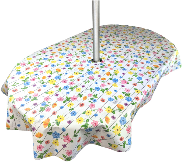 Oval Bright Garden Flowers on White Wood Effect with Parasol Hole Wipe Clean Tablecloth Vinyl PVC 200cm x 140cm