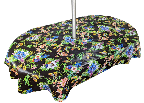 Oval Bright Garden Flowers and Birds Black with Parasol Hole Wipe Clean Tablecloth Vinyl PVC 250cm x 140cm