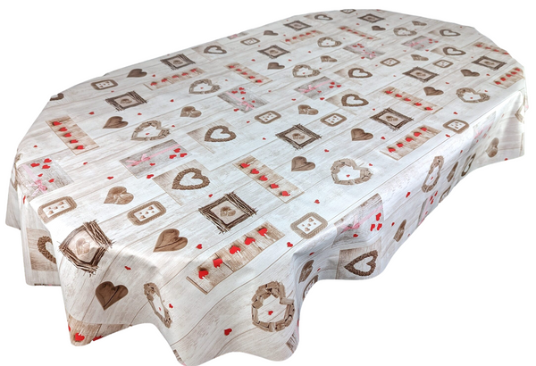 Oval Taupe Wood Effect with Red Love Hearts Wipe Clean PVC Vinyl Tablecloth 250cm x 140cm