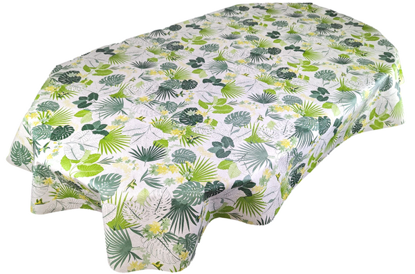 Oval Tropical Flowers and Birds Green Wipe Clean PVC Vinyl Tablecloth 200cm x 140cm