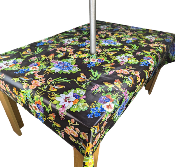 Bright Garden Flowers and Birds Black Tablecloth with Parasol Hole Wipe Clean Tablecloth Vinyl PVC 200cm x 140cm