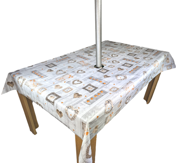 Orange Love Hearts on Grey Wood Tablecloth with Parasol Hole Wipe Clean Tablecloth Vinyl PVC 200cm x 140cm