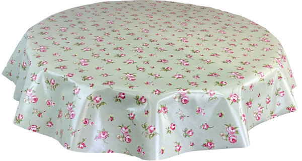 Round PVC Tablecloth Rosebud Sage Green Oilcloth 132cm