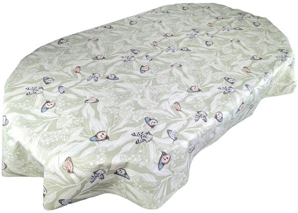 Oval Leaves and Butterflies Sage Green Wipe Clean PVC Vinyl Tablecloth 180cm x 140cm