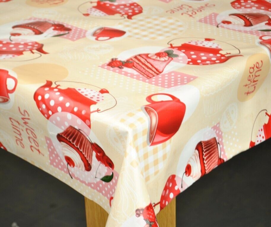 Vintage Tea Time Red PVC Vinyl Tablecloth 20 Metres Home Table Protector Direct