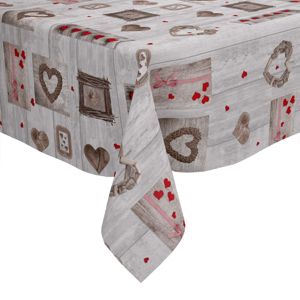 Red Hearts on Grey Wood Vinyl Oilcloth Tablecloth Square 140cm x 140cm - Warehouse Clearance
