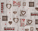 Red Hearts on Grey Wood Effect PVC Vinyl Wipe Clean Tablecloth OVAL 220cm x 140cm Warehouse Clearance