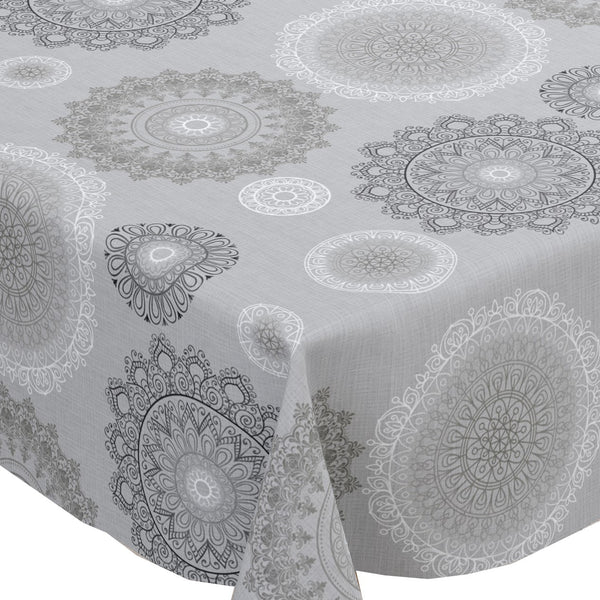 Mandala Grey PVC Vinyl Wipe Clean Tablecloth  110cm x 140cm Warehouse Clearance