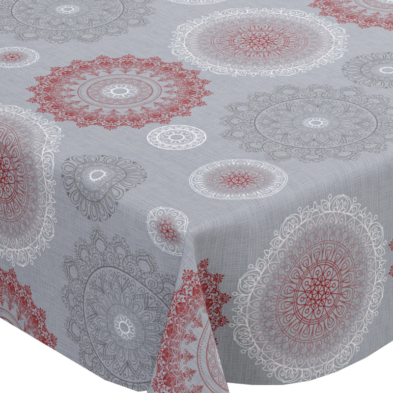 Mandala  Grey and Red  PVC Vinyl Wipe Clean Tablecloth  180cm x 140cm Warehouse Clearance