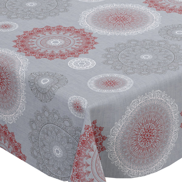 Mandala Grey and Red Vinyl Oilcloth Tablecloth