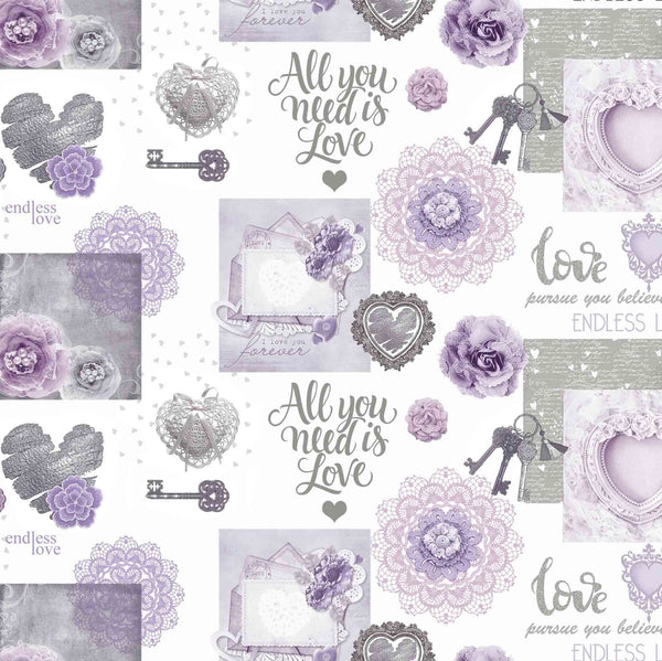Endless Love Lilac and Silver Grey PVC Vinyl Tablecloth 20 Metres x 140cm