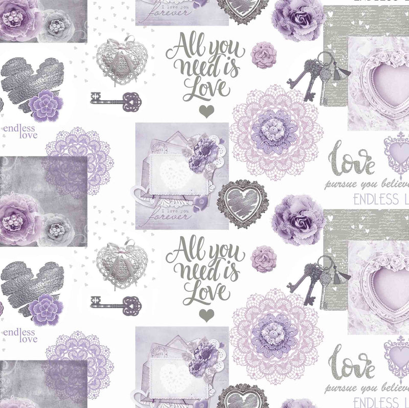 Endless Love Lilac and Silver Grey PVC Vinyl Tablecloth 20 Metres x 140cm