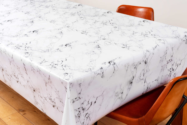 Grey on White Marble Pattern Vinyl Oilcloth Tablecloth