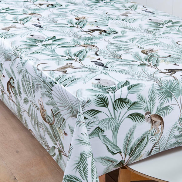 Tropical Monkey Jungle White Vinyl Oilcloth Tablecloth