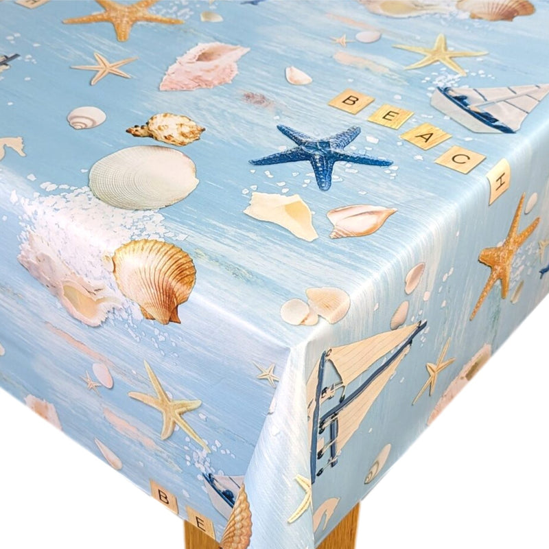 Seaside Beach Fun Blue PVC Vinyl Wipe Clean Tablecloth 120cm x 120cm - Warehouse Clearance