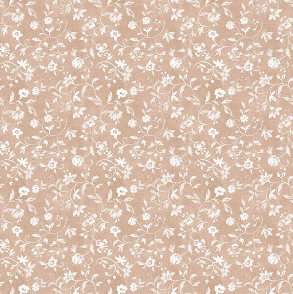 Mia Little White Flowers on Taupe PVC Vinyl Tablecloth 20 Metres x 140cm