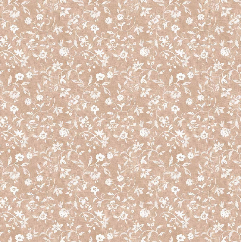 Mia Little White Flowers on Taupe PVC Vinyl Tablecloth 20 Metres x 140cm