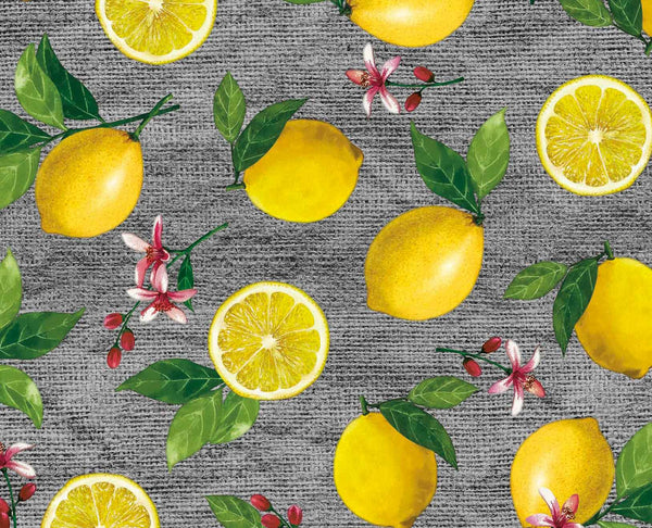 Lemons and Blossom on Hessian PVC Vinyl Wipe Clean Tablecloth OVAL 220cm x 140cm Warehouse Clearance
