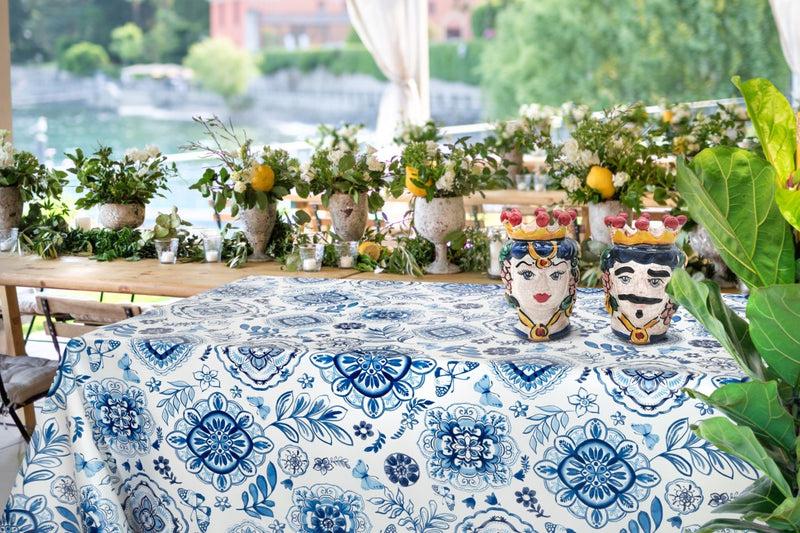 Sophia Tiles Blue Vinyl Oilcloth Tablecloth