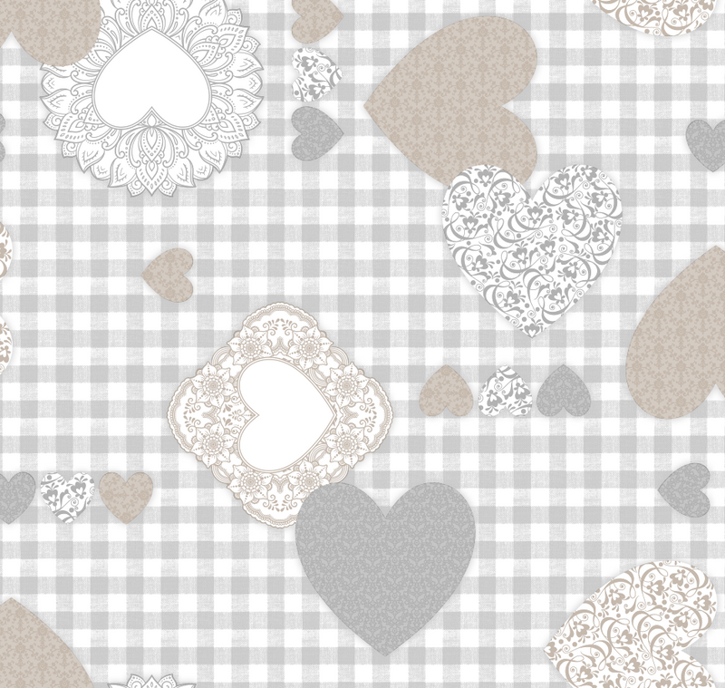 Love Hearts on Grey Gingham Vinyl Oilcloth Tablecloth