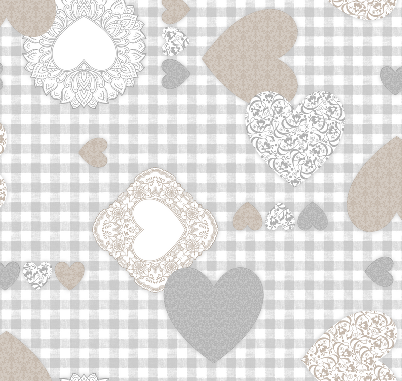 Love Hearts on Grey Gingham Tex Vinyl Oilcloth Tablecloth