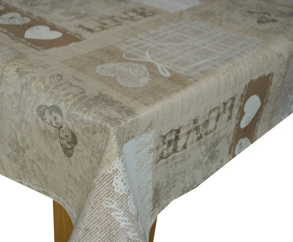 Home Sweet Home Taupe vinyl tablecloth 100cm x 140cm -Warehouse Clearance
