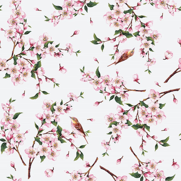 Birds and Cherry Blossom Pink Vinyl Oilcloth Tablecloth