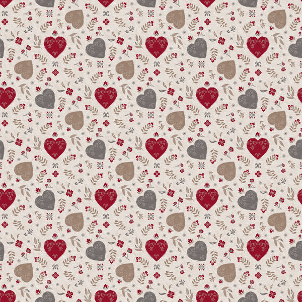 Scandi Heart & Floral Red and Taupe Vinyl Oilcloth Tablecloth