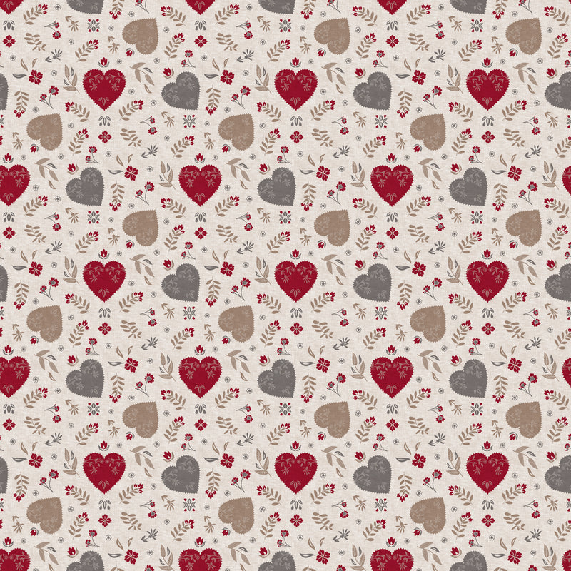 Scandi Heart & Floral Red and Taupe Vinyl Oilcloth Tablecloth