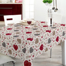 Scandi Heart & Floral Red and Taupe Vinyl Oilcloth Tablecloth