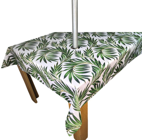 Tropical Beach Palm Leaves Green Tex Tablecloth with Parasol Hole Wipe Clean Tablecloth Vinyl PVC Round 138cm