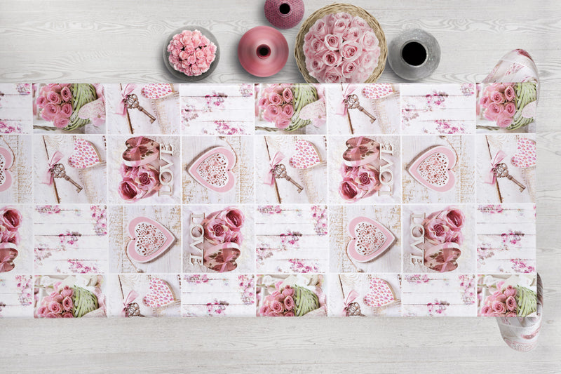 Pink Rose Love Squares Vinyl Oilcloth Tablecloth