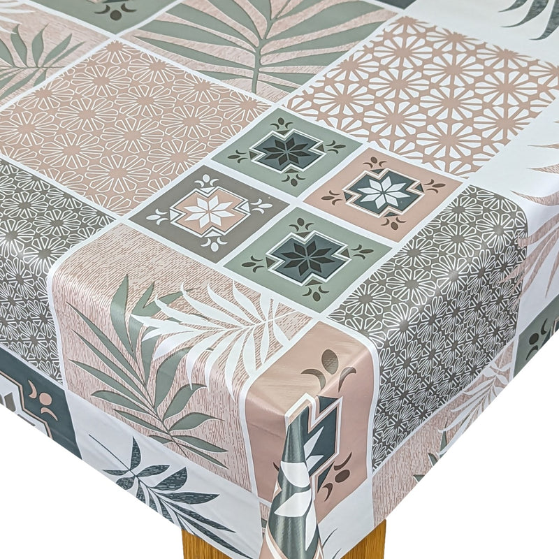 Leafy Geometric Tiles Dusky Pink, Grey and Sage Vinyl Oilcloth Tablecloth