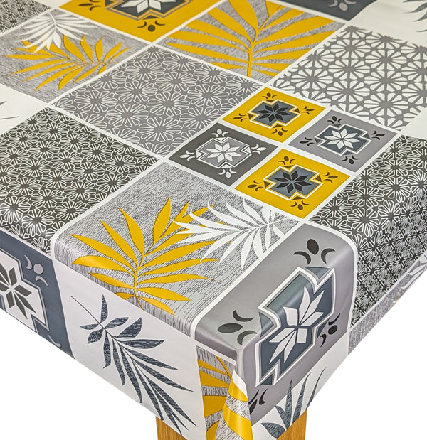 Leafy Geometric Tiles Grey Ochre Vinyl Oilcloth Tablecloth