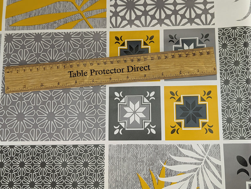 Leafy Geometric Tiles Grey Ochre Vinyl Oilcloth Tablecloth