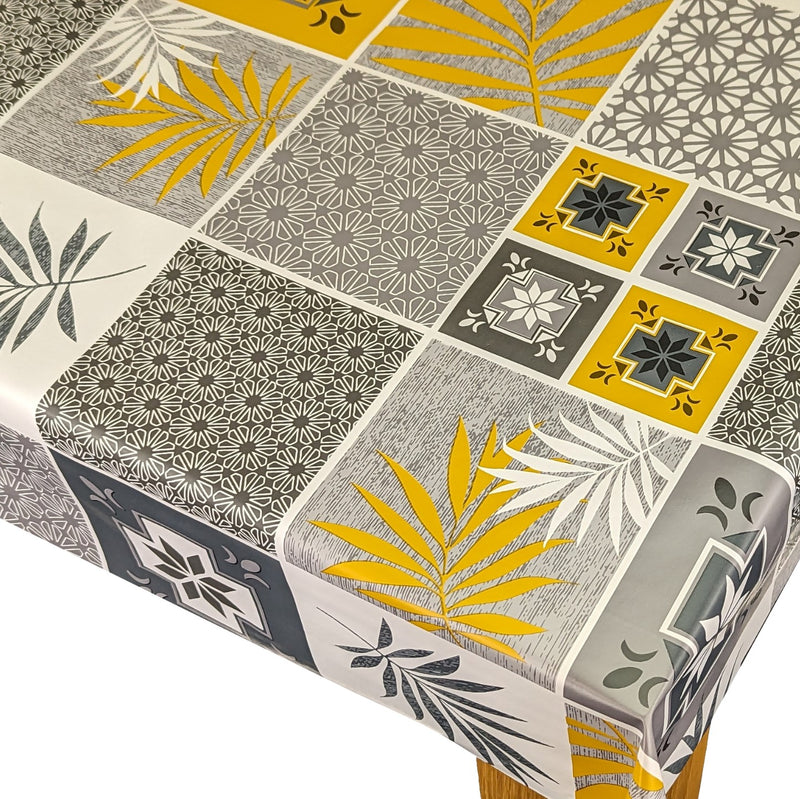 Leafy Geometric Tiles Grey Ochre Vinyl Oilcloth Tablecloth