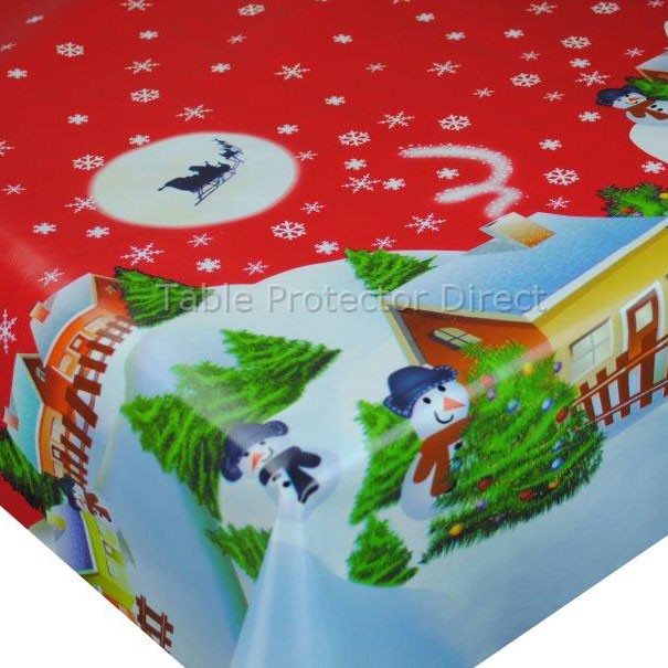 Snowman Snowflake Border Red PVC Vinyl Tablecloth 20 Metres x 140cm Full Roll